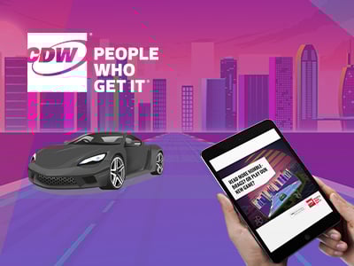 CDW Power drive campaign on the table with an illustrated car in a city 